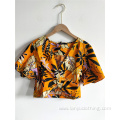 Ladies Floral Print Crossed Short Sleeve Crop Top